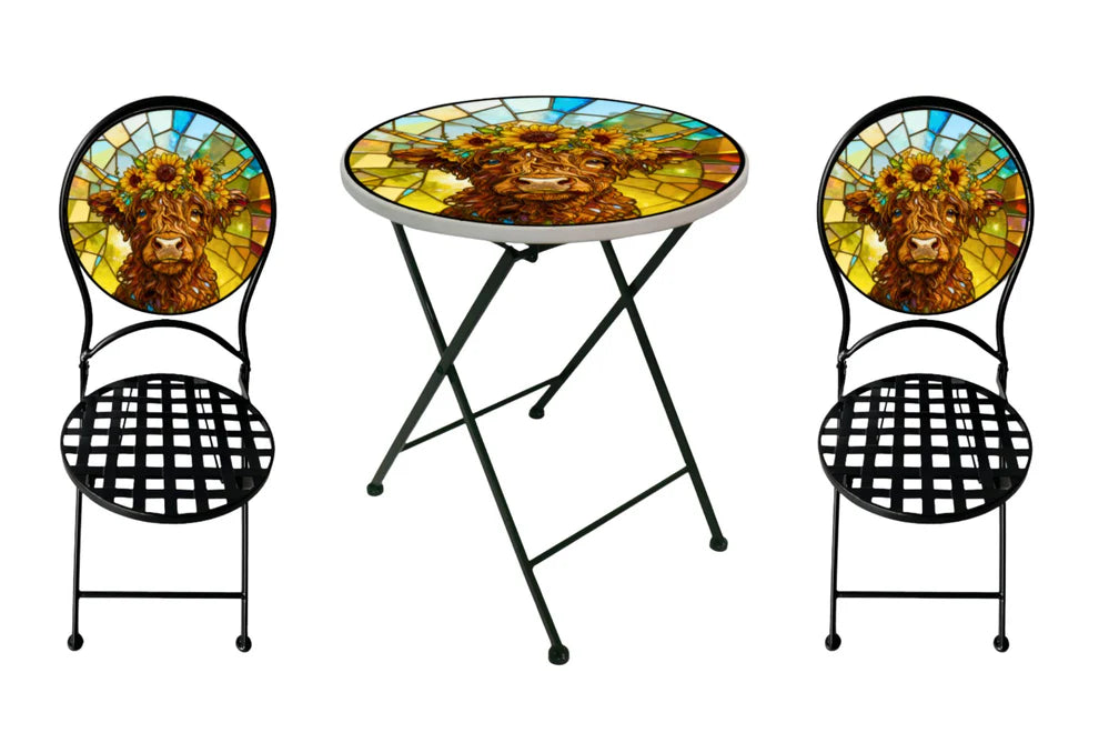 Metal Printed Table and Chair Set Highland Cow
