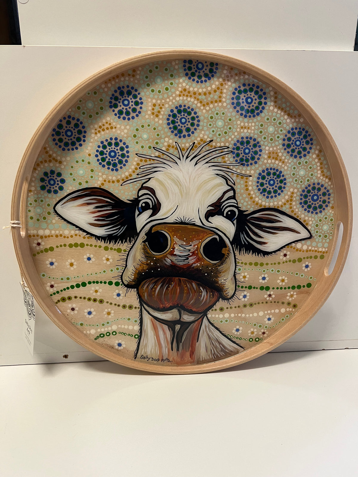 Salty Dog Artz Hand-Painted Cow Dot Art Wooden Serving Tray